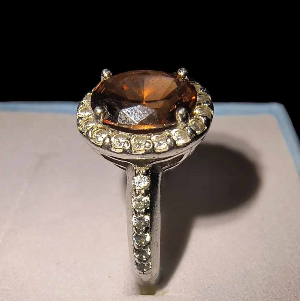 Sterling Silver, Clear & Cognac Colored CZ Halo Ring